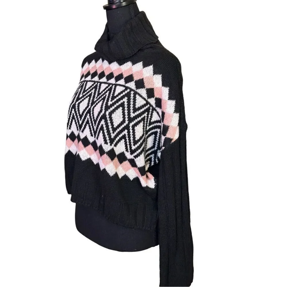 NWT SO Black, Pink & White Long Sleeved Cropped Textured Cowl Neck  Turtleneck A